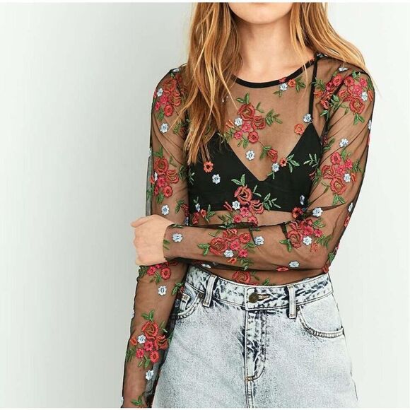Urban Outfitters Tops - Urban Outfitters Sheer mesh Embroidered Black Floral Crop Top Size S NWT
